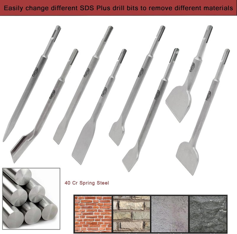 Regiis Tech 8 pcs SDS Plus Chisel Set, Masonry Concrete Drill Bit Set, Tile Removal Chisel Bits for Rotary Hammer with Point Flat Wide Tile Inclined Grooving Scraping Scaling Chisels - Image 5